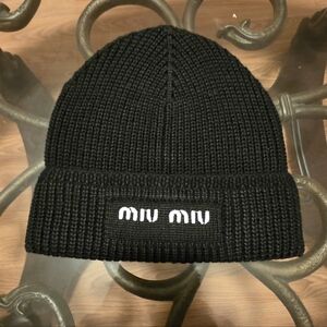 Miu Miu Black Knit Beanie Hat Logo Wool Designer Authentic